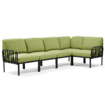 Canapea modulara exterior Nardi Komodo 5, 294x154cm, cadru antracit, perne verde avocado Sunbrella