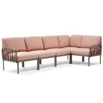 Canapea modulara exterior Nardi Komodo 5, 294x154cm, cadru tortora, perne roz quarzo
