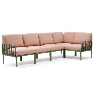 Canapea modulara exterior Nardi Komodo 5, 294x154cm, cadru verde, perne roz quarzo