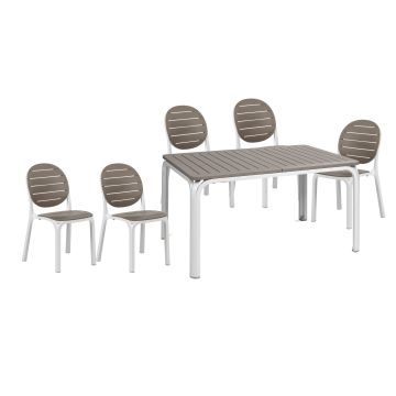 Set Nardi cu masa extensibila Alloro 140 max 210x100cm, baza aluminiu si 6 scaune Erica, alb - tortora