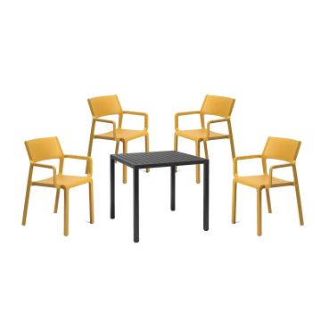 Set Nardi cu masa Cube 80x80cm antracit si 4 scaune Trill Armchair galbene