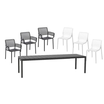 Set Nardi cu masa extensibila Rio 210 cu baza aluminiu antracit, 3 scaune Doga Armchair antracit si 3 scaune Doga Bistrot albe