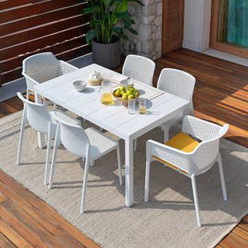 Set mobilier exterior Nardi cu masa extensibila Rio 210 si 6 scaune Net, alb