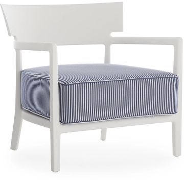 Fotoliu exterior Kartell Cara Mat Outdoor design Philippe Starck & Sergio Schito, cadru alb mat, perne dungi albastre