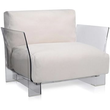 Fotoliu exterior Kartell Pop Outdoor design Piero Lissoni & Carlo Tamborini, cadru transparent, perne Sunbrella alb