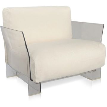Fotoliu exterior Kartell Pop Outdoor design Piero Lissoni & Carlo Tamborini, cadru transparent, perne Sunbrella ecru