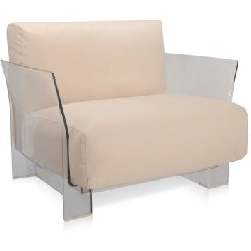 Fotoliu exterior Kartell Pop Outdoor design Piero Lissoni & Carlo Tamborini, cadru transparent, perne Sunbrella dove