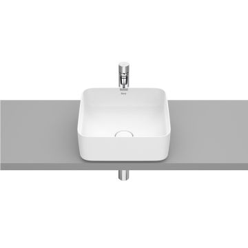 Lavoar tip bol Roca Inspira Square 370x370mm, fara orificiu baterie, fara preaplin, montare pe blat, alb mat