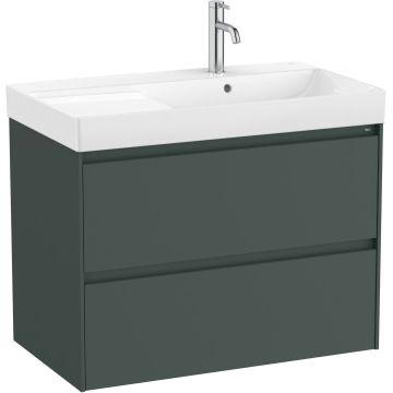 Set mobilier Roca Ona cu dulap baza cu doua sertare 80cm si lavoar asimetric orientare dreapta, verde mat