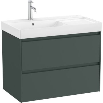 Set mobilier Roca Ona cu dulap baza cu doua sertare 80cm si lavoar asimetric orientare stanga, verde mat