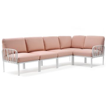Canapea modulara exterior Nardi Komodo 5, 294x154cm, cadru alb, perne roz quarzo