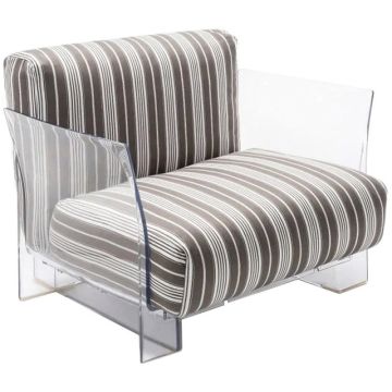 Fotoliu exterior Kartell Pop Outdoor design Piero Lissoni & Carlo Tamborini, cadru transparent, perne dungi taupe-negru