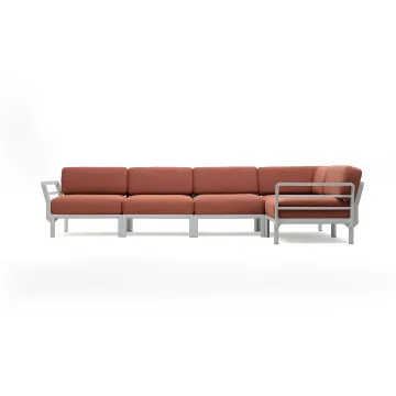 Canapea modulara exterior Nardi Maximo 5, 341x182cm, cadru alb Gesso, perne maro Cannella Sunbrella