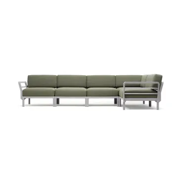 Canapea modulara exterior Nardi Maximo 5, 341x182cm, cadru alb Gesso, perne verde Timo Sunbrella