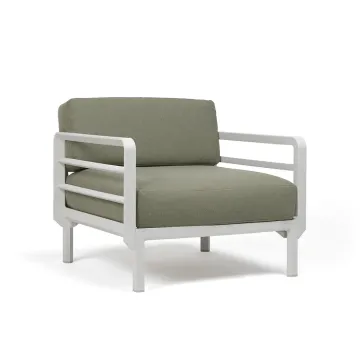 Fotoliu exterior Nardi Maximo, cadru alb Gesso, perne verde Timo Sunbrella