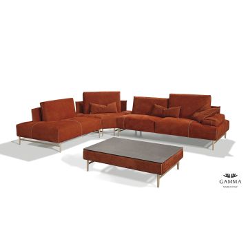 Canapea de colt Gamma Saks, piele Nabuk H259, Baza Burnished Aluminium, HandMade in Italy