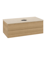 Dulap baza suspendat Villeroy & Boch Antao cu 2 sertare, 100x50cm, blat marmura Botticino, front texturat Honey Oak