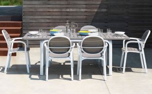 Set Nardi cu masa extensibila Alloro 140 max 210x100cm, baza aluminiu si 6 scaune Erica, alb - tortora