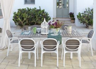 Set Nardi cu masa extensibila Alloro 140 max 210x100cm, baza aluminiu si 6 scaune Erica, alb - tortora