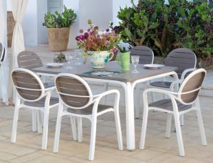 Set Nardi cu masa extensibila Alloro 140 max 210x100cm, baza aluminiu si 6 scaune Erica, alb - tortora