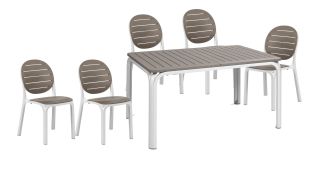 Set Nardi cu masa extensibila Alloro 140 max 210x100cm, baza aluminiu si 6 scaune Erica, alb - tortora