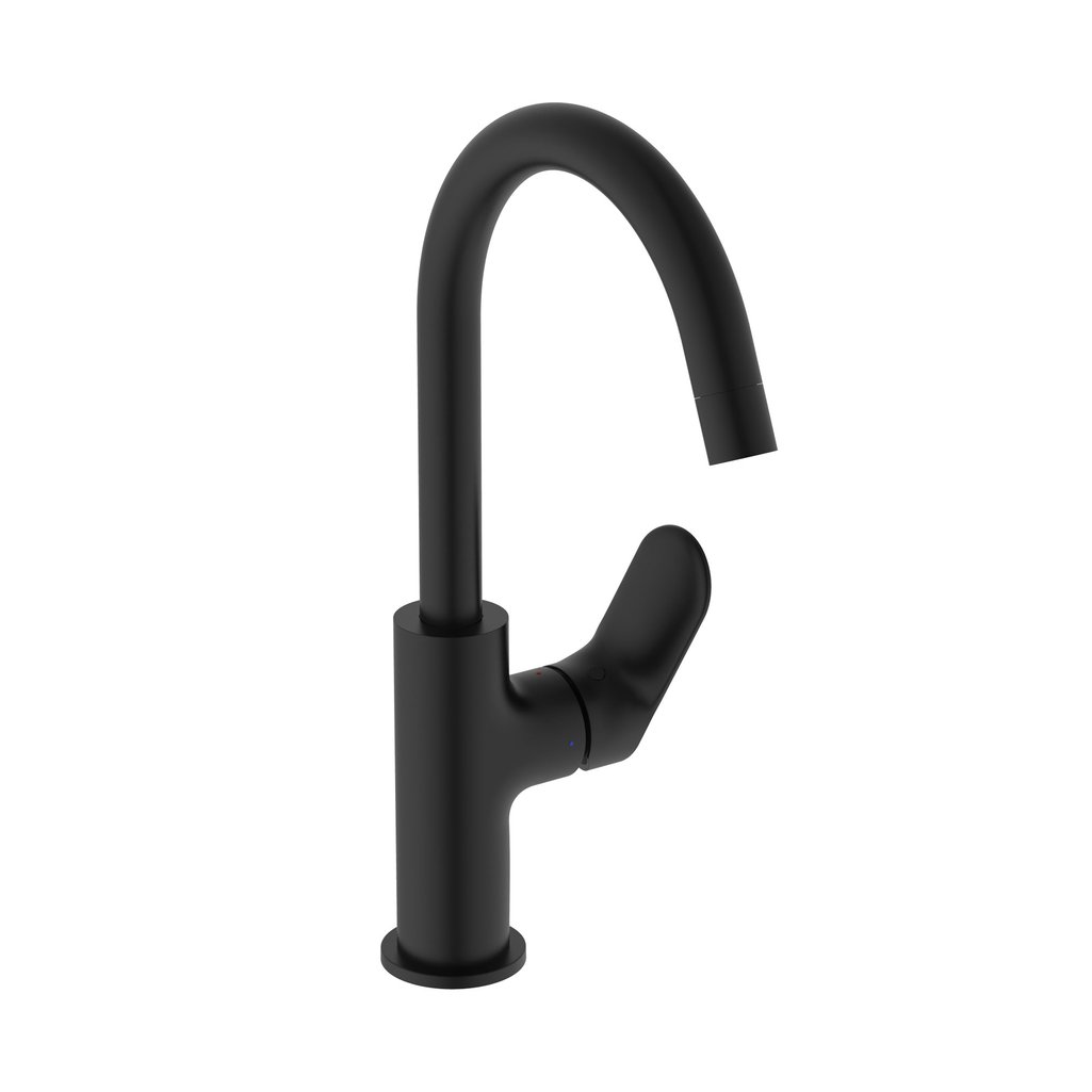 Baterie lavoar Ideal Standard Ceralife O cu pipa inalta  ventil click-clack  negru mat