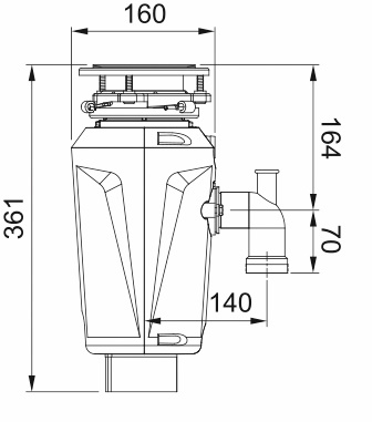 Schiță tehnică cu dimensiunile tocătorului de resturi Franke Slim 50